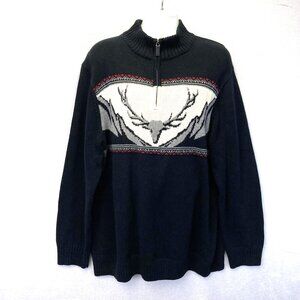 Chaps Deer Stag 1/4 Zip Sweater Mens 2XT 2XL Tall Black Cotton‎ Knit Holiday